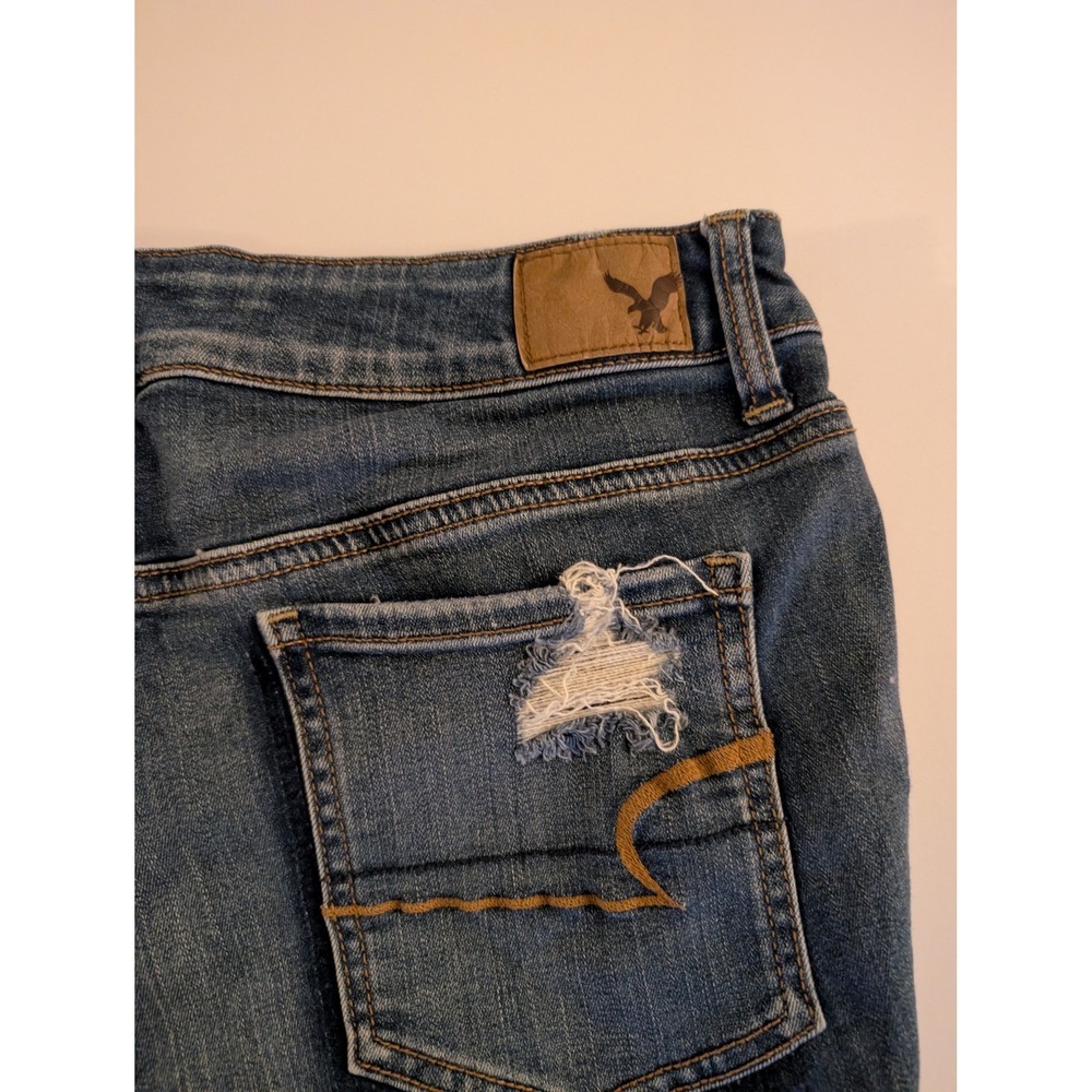 American Eagle Size 10 Hi-Rise Shortie Distressed Denim Shorts Blue Stretch - Picture 8 of 9